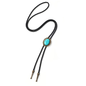 Western turquoise bolo tie with vintage bronze buckle and black braided leather cord