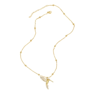 Collier avec pendentif colibri doré orné de diamants blancs et d'un œil en pierre rouge