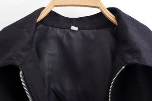 Detail of black sequin jacket neckline featuring metallic zipper and ribbed knit collar