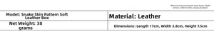 Detailed size chart and specifications for the faux snakeskin leather glasses case