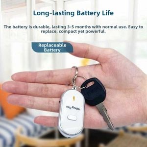Close-up of white key finder with replaceable battery for 3-5 months duration