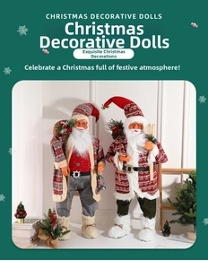 Detailed view of handmade Christmas Santa figurines with gift sacks and skis for holiday decor