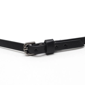 Minimalist black leather belt for couples with silver pin buckle on white background