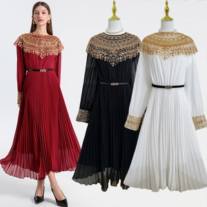 Women Long Sleeve Chiffon Pleated Maxi Dress With Gold Sequin Bead Embroidery And Belt Elegant Ethnic Modest Gown