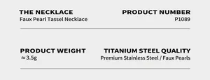 Detailed specifications of imitation pearl tassel necklace with P1089 item number and weight