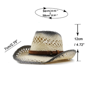 Hand-woven gradient cowboy straw hat with leather band and detailed size dimensions
