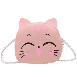 Pink cartoon cat shaped PU crossbody bag for girls with white woven shoulder strap