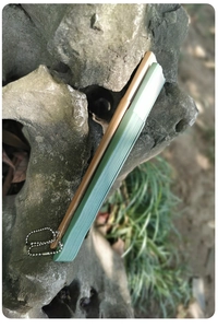 Detail of closed green gradient folding fan with bamboo ribs resting on a natural rock