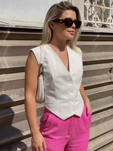 Gilet De Tailleur Femme Col En V Simple Boutonnage Boutons Coupe Ajustée Haut Court Y2K Chic