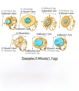 Detailed size chart for 7-piece stainless steel turquoise ring set with dimensions and weights