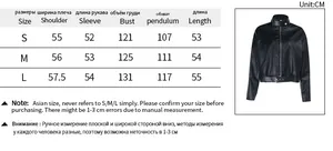Size chart for women's black faux leather jacket showing measurements in centimeters