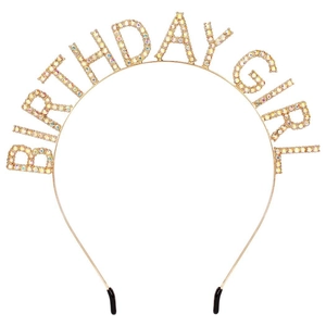 Detailed close-up of a gold Birthday Girl headband with colorful rhinestones on white