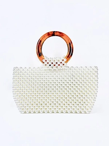 Handmade Artificial Pearl Beaded Handbag With Round Resin Handle Elegant Retro Fashion For Women