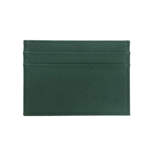 Detail view of ultra-thin dark green Saffiano leather card holder with stitched slots