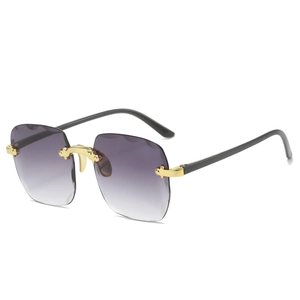 Frameless square sunglasses with purple gradient lenses and wave-cut edges for women