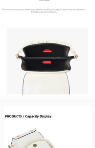 Detail view of the pearl-bead handle bag with dual inner compartments and magnetic buckle