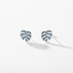 Elegant S925 sterling silver monstera leaf stud earrings with turquoise blue stone inlays