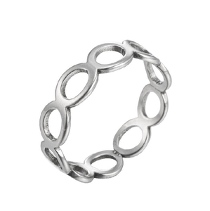 Macro shot of silver geometric hollow chain links and polished texture on a modern ring