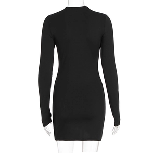 Close-up back view of a black long sleeve bodycon mini dress on a mannequin