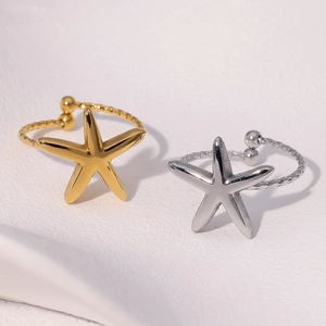 Detail of starfish design open rings in gold and silver polished stainless steel finish