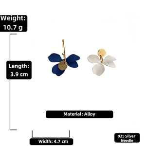 Detailed specs of asymmetrical floral earrings with 925 silver needles and alloy material