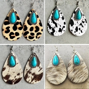 Teardrop Earrings Genuine Leather Animal Cow Leopard Print Turquoise Alloy Western Cowboy Style Women