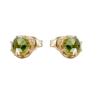 Minimalist 925 sterling silver peridot stud earrings in gold finish on white background