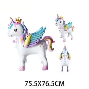 3D standing unicorn foil balloon for party decor with rainbow wings, 75.5x76.5cm