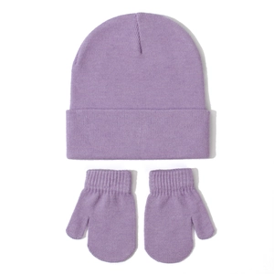 Detailed view of light purple knit baby hat and matching mittens with ribbed cuffs