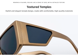 Close-up of matte gold geometric frame and wide temple hinge detail of oversized sunglasses