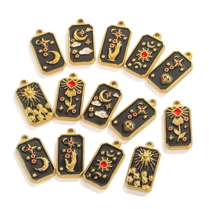 Tarot Card Pendants Stainless Steel Gold Plated Enamel Celestial Moon Star Sun Hand Eye Rectangle DIY Jewelry Accessories
