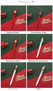Close-up of 6-piece Christmas gel pen set featuring Santa, Reindeer and Snowman toppers