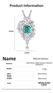 Detailed S925 silver necklace specifications with 33mm floral pendant and 8mm emerald cut gem