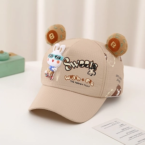 Detail of beige children's baseball cap with 3D bunny, letter B ears and Sweets embroidery