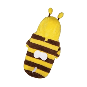 Fleece dog bee costume hoodie with striped pattern and D-ring for small pets