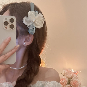 Detail of light blue ribbon and white mesh flower hair clip on model's braided hair