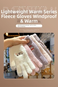 Detail of warm winter knit gloves for women with cute bear embroidery and touchscreen tips