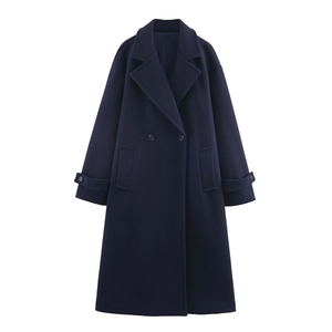 Manteau long classique en laine bleu marine à double boutonnage avec revers et poches