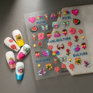 5D embossed nail stickers featuring pixel art heart, ice cream and floral patterns