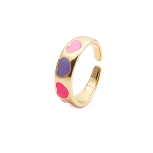Creative gold open ring with pink and purple enamel hearts for women and girls