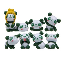 Detailed group view of eight cute miniature panda figurines in various playful poses