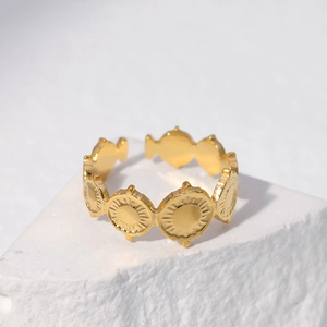 Vintage 18k gold plated stainless steel sun symbol open ring with bohemian textured finish