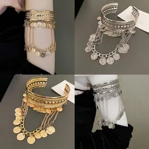 Bohemian Wide Arm Cuff Bracelet Retro Metal Portrait Coin Tassel Pendant Open Adjustable Bangle Fashion Jewelry Women