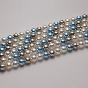 Polished 8-12mm mixed color glass pearls in blue, silver, and white for DIY jewelry
