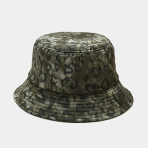 Detailed view of leopard print cotton bucket hat with durable stitching in army green