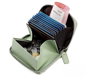 Dettaglio del porta carte in pelle verde con scomparti a fisarmonica e zip robusta