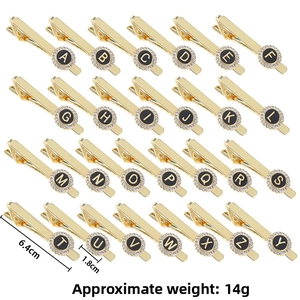 Matrix display of 26 alphabet tie clips with crystal inlay and detailed dimensions