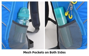 Detail of high-elastic side storage mesh pockets on blue outdoor backpack for bottles