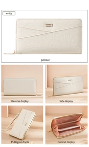 Detailed multi-angle views of white pebbled leather long wallet with zipper and card slots