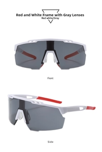 Front and side views of cycling sunglasses with white frame and gray lenses